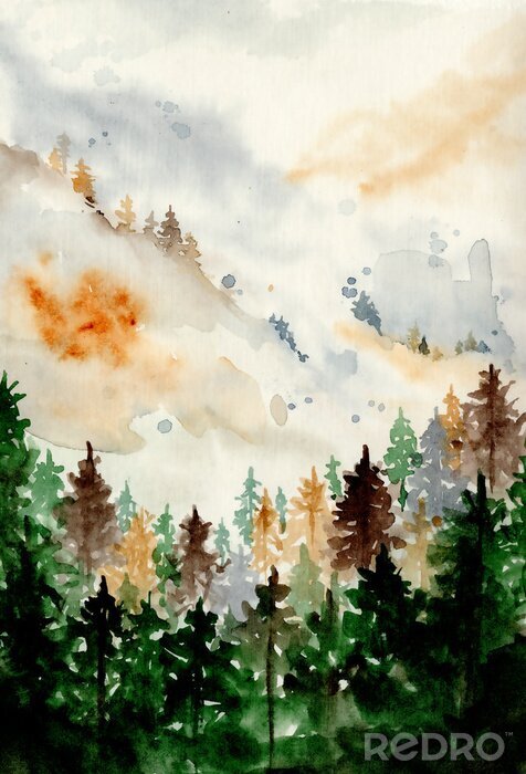 Poster  watercolor landscape with pine and fir trees and mountains abstract nature background