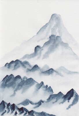 Watercolor painting of asian mountains. Hand drawn oriental style landscape illustration with layers of rocks. Concept for decoration, relaxation, restore, meditation background.