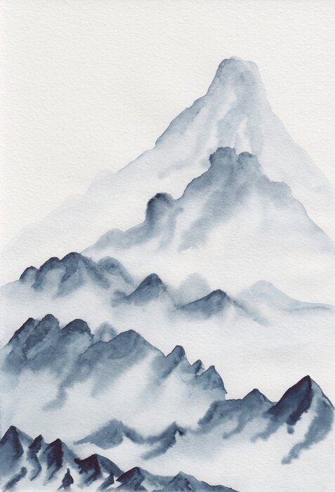 Poster  Watercolor painting of asian mountains. Hand drawn oriental style landscape illustration with layers of rocks. Concept for decoration, relaxation, restore, meditation background.