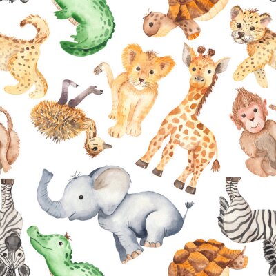 Watercolor pattern with cute cartoon animals of Africa. Texture for wallpaper, packaging, scrapbooking, textiles, fabrics, children's clothing and design.