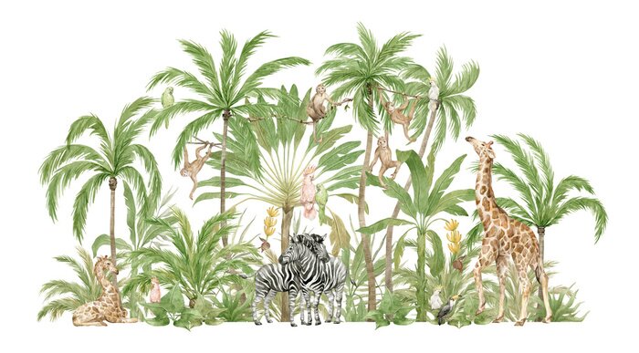 Poster  Watercolor safari animals and tropical palms. Jungle compositions. Giraffe, zebra, monkey, parrot. Brigth summer exotic jungle. 