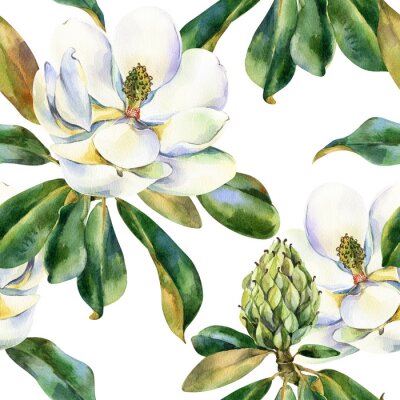 Papier peint à motif  Watercolor seamless pattern with white magnolia, green leaves, botanical painting isolated on a white background, floral painting, stock illustration.