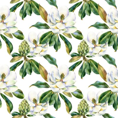 Papier peint à motif  Watercolor seamless pattern with white magnolia, green leaves, botanical painting isolated on a white background, floral painting, stock illustration. Fabric wallpaper print texture.