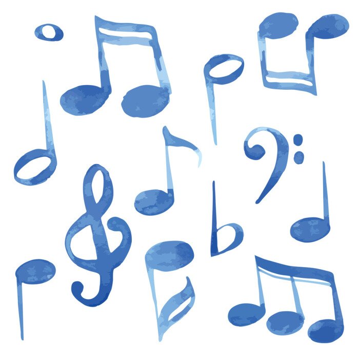 Poster  Watercolor vector illustration blue music notes and keys pattern set