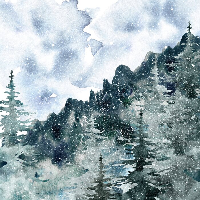 Poster  Watercolor winter misty forest background with hand painted pine and spruce trees. Snowy mountain landscape with fog in neutral grey and dark green colors for Christmas and New Year cards design.