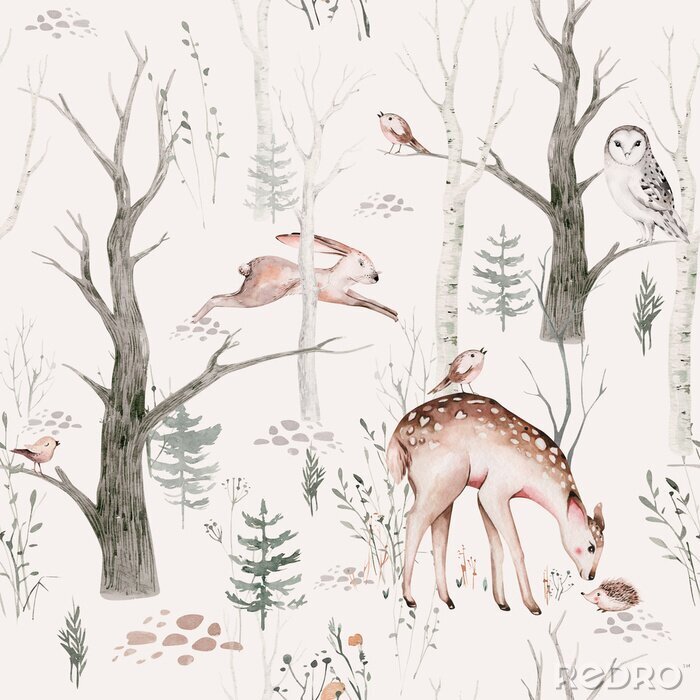 Poster  Watercolor Woodland animal Scandinavian seamless pattern. Fabric wallpaper background with Owl, hedgehog, fox and butterfly, rabbit forest squirrel and chipmunk, bear and bird baby animal,