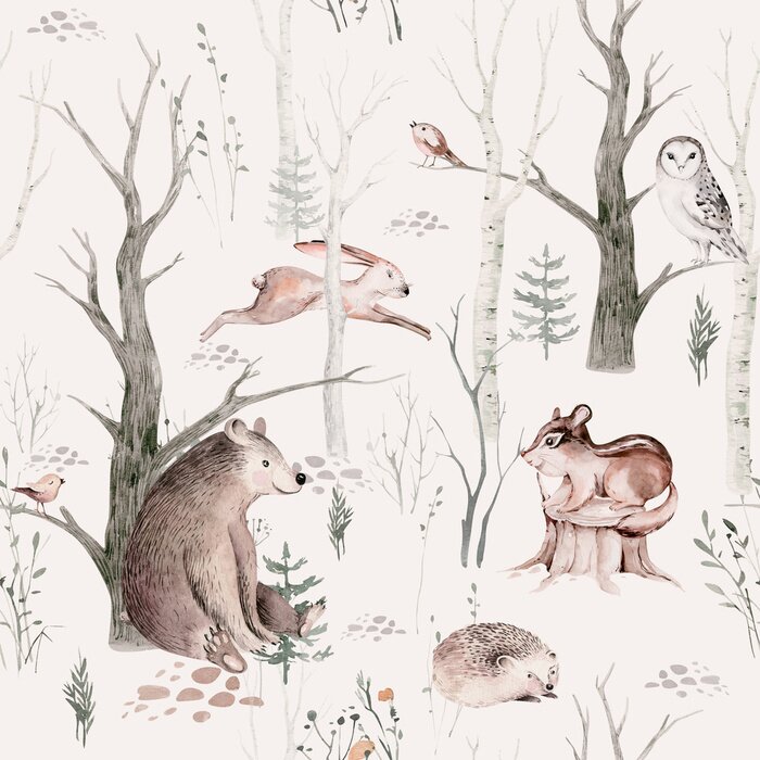 Poster  Watercolor Woodland animal Scandinavian seamless pattern. Fabric wallpaper background with Owl, hedgehog, fox and butterfly, rabbit forest squirrel and chipmunk, bear and bird baby animal,