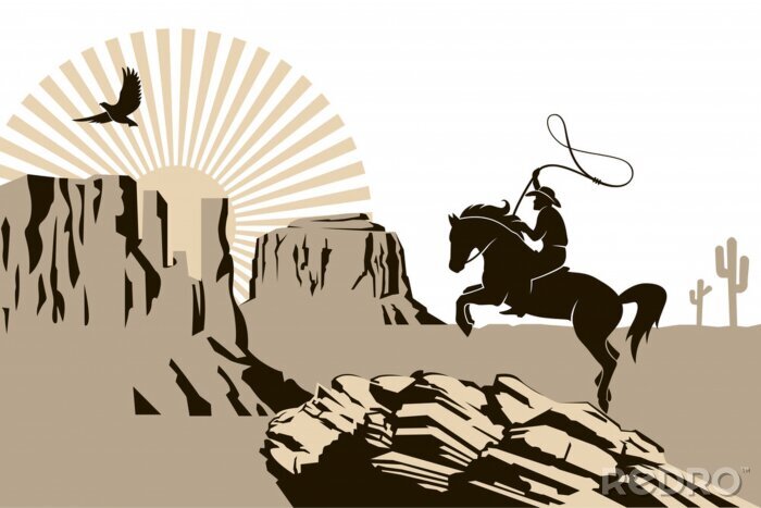Poster  western cowboy silhouette with lasso on horse illustration with mountains