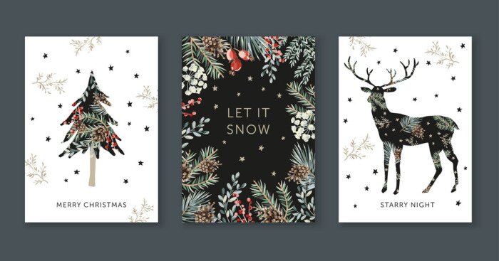 Poster  Winter holidays nature design greeting cards template, frame, forest deer silhouette, text Merry Christmas, white background. Green pine, fir twigs, cones, red berries, stars. Vector xmas illustration