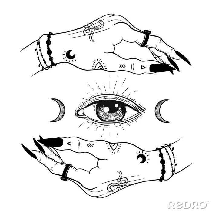 Poster  Witch hands with black nails, rings holding moon and eye, Magic. Boho style.