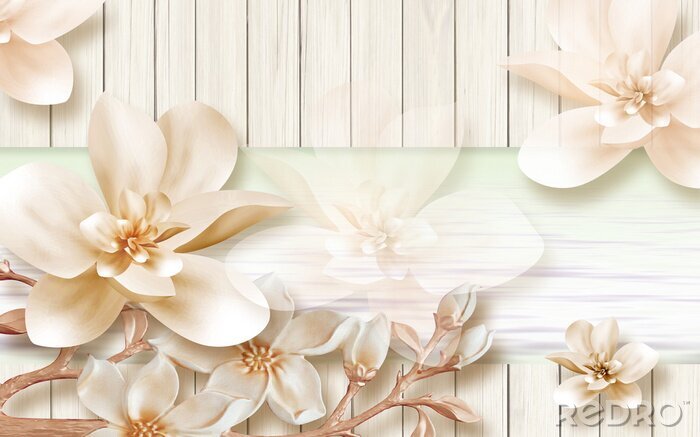 Poster  Witte orchidee op een achtergrond van lichte planken