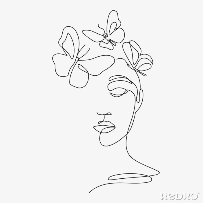 Poster  Woman head with flowers composition. Hand-drawn vector line-art illustration. One Line style drawing.