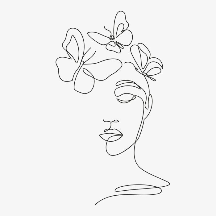 Poster  Woman head with flowers composition. Hand-drawn vector line-art illustration. One Line style drawing.