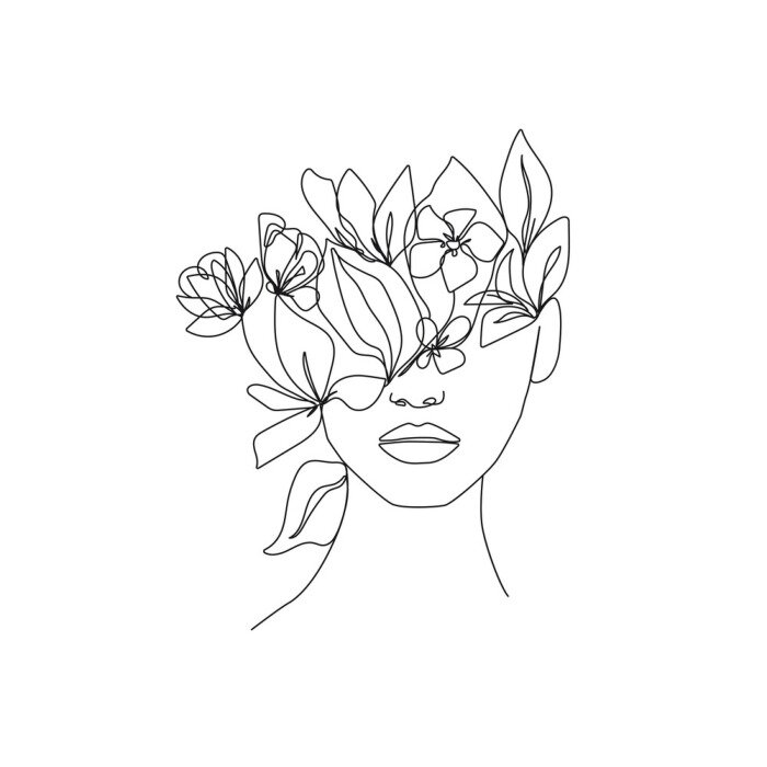 Poster  Woman Head with Flowers One Line Drawing. Continuous Line Woman and Flowers. Abstract Contemporary Design Template for Covers, t-Shirt Print, Postcard, Banner etc. Vector EPS 10.
