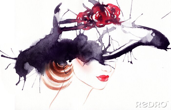 Poster  woman portrait with hat .abstract watercolor