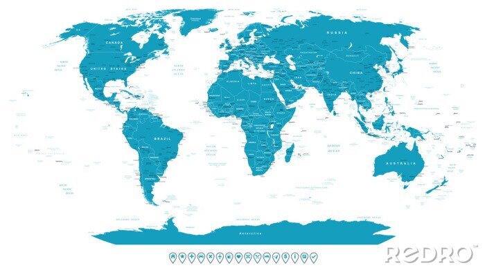 Poster  World Map and navigation icons - illustration.
Highly detailed world map:
countries, cities, water objects.