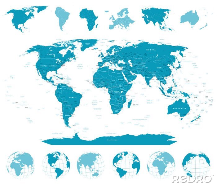 Poster  World Map, Globes, Continents. Highly detailed vector illustration.