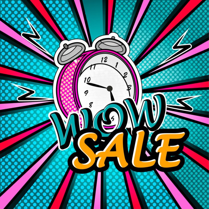 Poster  Wow, vente, clair, pop art, explosion, sur, pointillé, fond