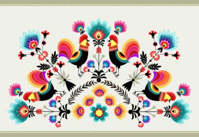 Poster  Wzór Ludowy z kogutami