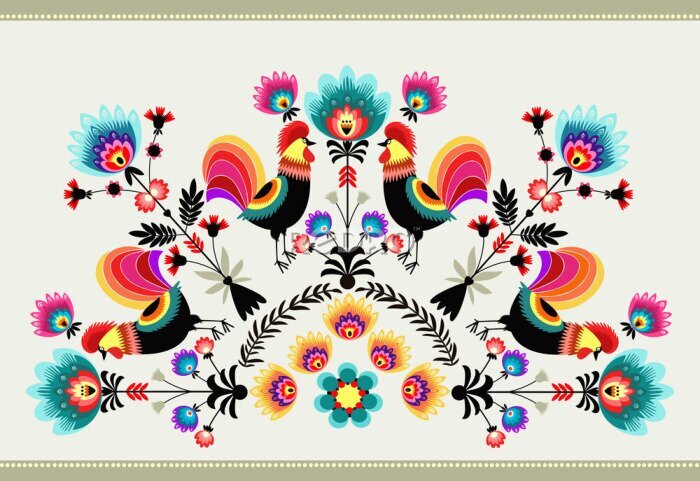 Poster  Wzór Ludowy z kogutami