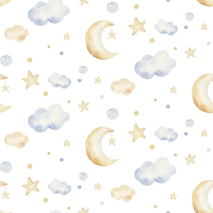 Poster  Étoiles, nuages ​​et lunes aux couleurs pastel