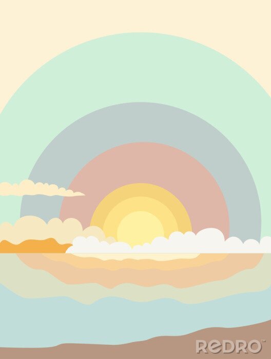Poster  Illustration du lever du soleil dans la mer dans des tons pastels délicats avec nuages ​​et bord de mer pour poster, décoration, couverture de livre, fond