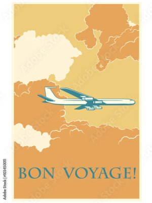 Poster  Inscription « Bon Voyage » et avion rétro parmi les nuages