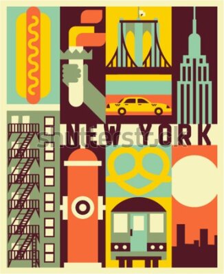Poster  L'inscription « New York » et les symboles de la ville dans un style d'affiche rétro