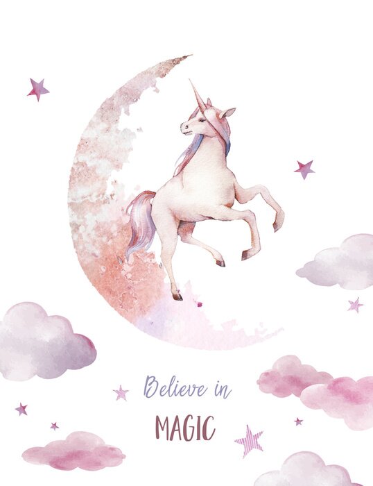 Poster  Licorne dans les nuages ​​aquarelles