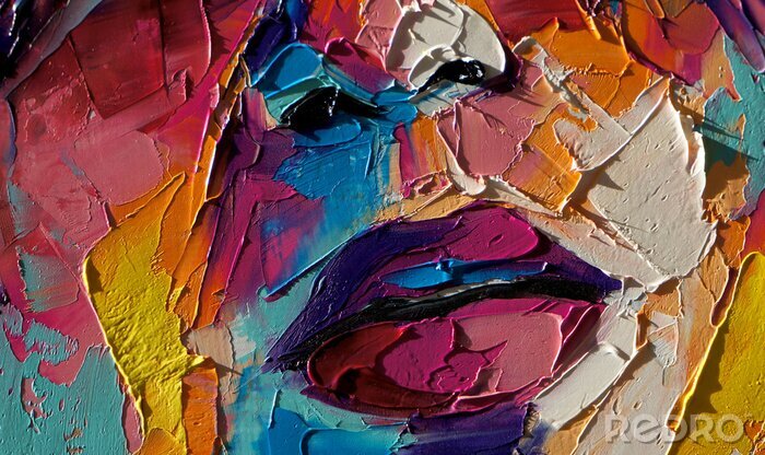 Poster  “Louise” - oil painting. Conceptual abstract picture of a beautiful girl. On the background is written text from a book. Conceptual abstract closeup of an oil painting and palette knife on canvas.