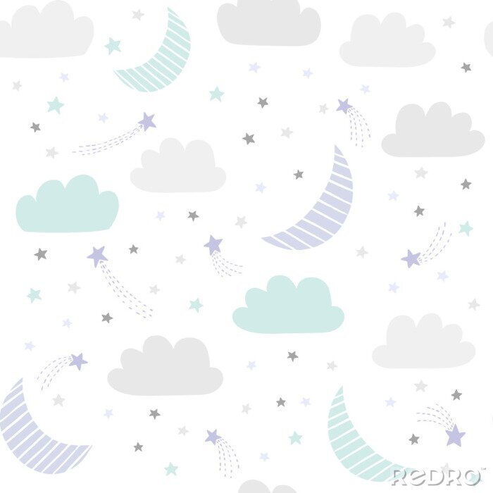 Poster  Modèle de vecteur ciel mignon nuit avec étoiles dessinées à la main, les nuages ​​et la lune. Fond de bébé sans couture.