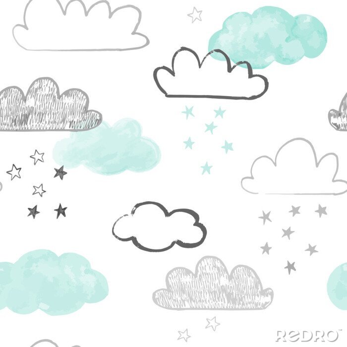 Poster  Motif de nuages ​​Doodle. Dessinés à la main vecteur fond transparent avec des nuages ​​et des étoiles en gris et sarcelle. Imprimé de style scandinave.