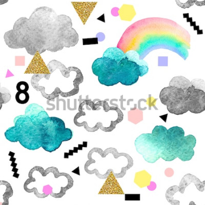Poster  Nuages ​​aquarelles et arc-en-ciel multicolore
