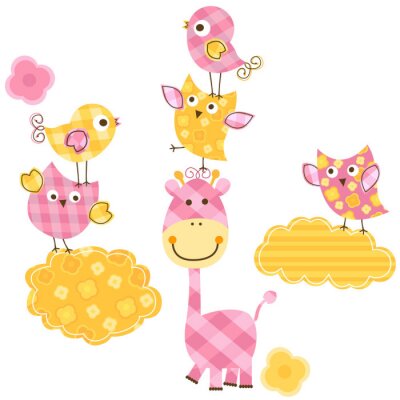 Nuages ​​et girafes aux graphismes jaune-rose