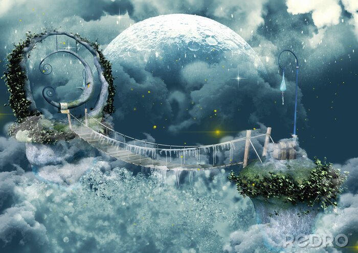 Poster  Un pont suspendu dans les nuages ​​et une grande lune