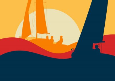 Poster  Yachts, voile, régate, océan, paysage, Coucher soleil