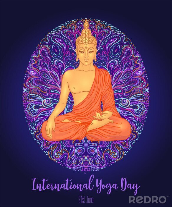 Poster  Yoga card, flyer, poster, mat design. Colorful neon template for spiritual retreat or yoga studio. Ornamental business cards, oriental pattern. Vector illustration. Sticker, patch, 60s hippie art.