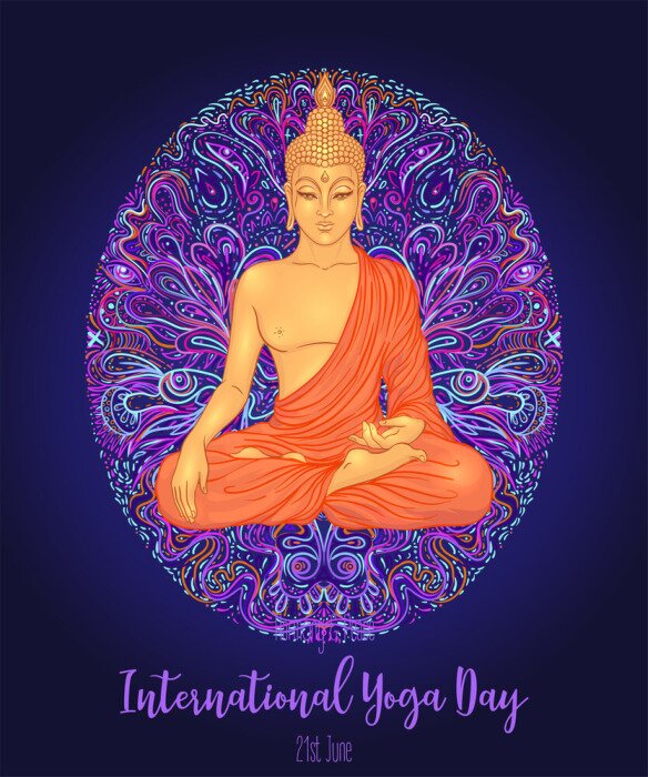 Poster  Yoga card, flyer, poster, mat design. Colorful neon template for spiritual retreat or yoga studio. Ornamental business cards, oriental pattern. Vector illustration. Sticker, patch, 60s hippie art.