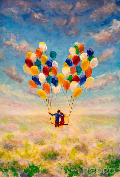 Poster  Young couple in love fly on air balloons illustration. Fantasy art contemporary painting with many flying balloons modern art for book