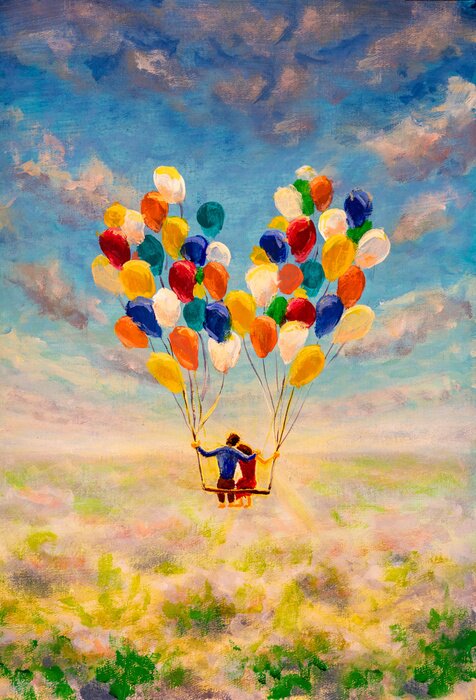 Poster  Young couple in love fly on air balloons illustration. Fantasy art contemporary painting with many flying balloons modern art for book