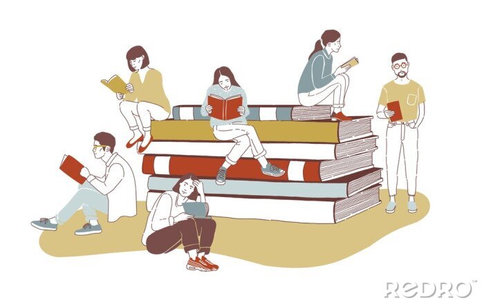 Poster  Young stylish male and female readers dressed in trendy apparel sitting on stack of giant books or beside it and reading. Literature fans or lovers. Colored vector illustration in contemporary style.