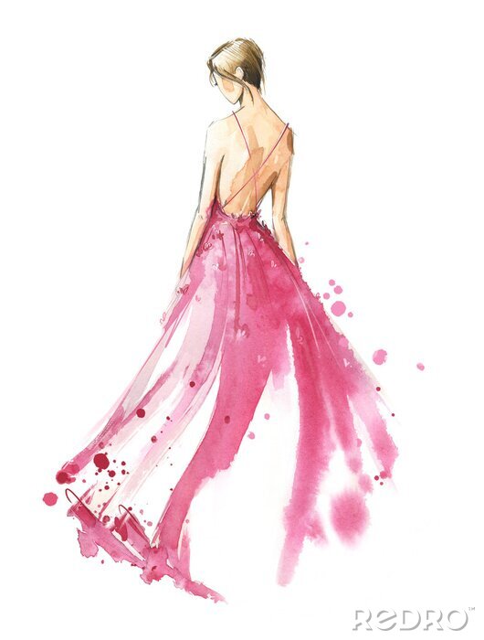 Poster  Young woman wearing long evening dress, bride. Watercolor illustration