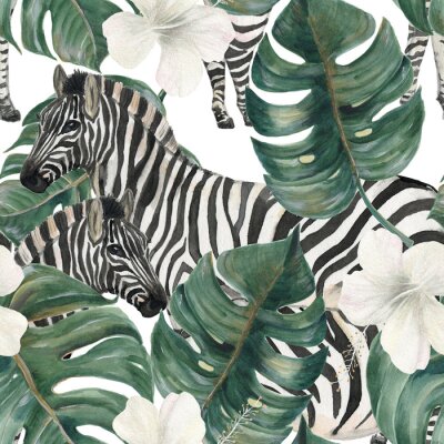 Zèbres à l'aquarelle, fleurs blanches et feuilles tropicales