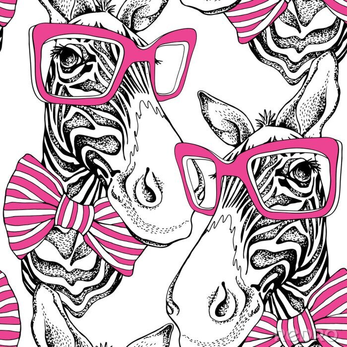 Poster  Zèbres peints avec des lunettes et des nœuds roses