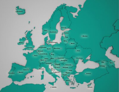 Sticker  3D Europakarte mit Hauptstädten dans türkis