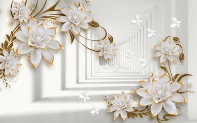 Papier peint  3d mural illustration background with golden jewelry and flowers , circles  decorative wallpaper