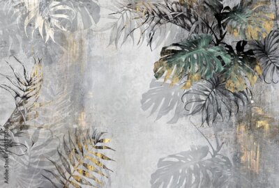 Sticker  3d picture of palm leaves and monstera on a beige background