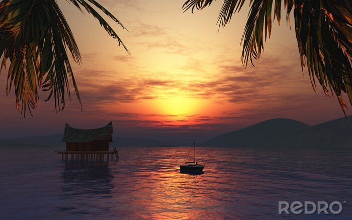 Sticker  3D rendent d'un bain de soleil femme sur un bateau dans un landsca tropicale
