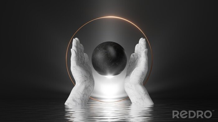 Sticker  3d render, abstract black background with white marble hands hold black stone ball, inside golden round frame; bright shining light and reflections in the water. Modern minimal scene