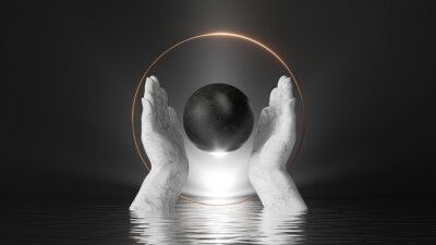 Sticker  3d render, abstract black background with white marble hands hold black stone ball, inside golden round frame; bright shining light and reflections in the water. Modern minimal scene